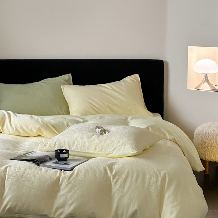 91家纺网 家纺一手货源 找家纺 梦享生活家居 2025新款全棉纯棉三层肌理提花四件套-素写系列（会员减10） 素写-浅黄