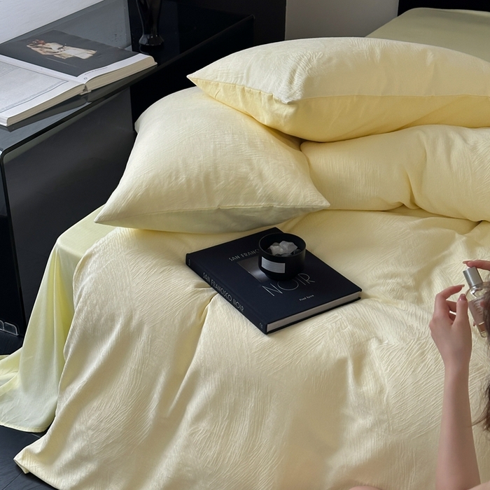 91家纺网 家纺一手货源 找家纺 梦享生活家居 2025新款全棉纯棉三层肌理提花四件套-素写系列（会员减10） 素写-浅黄