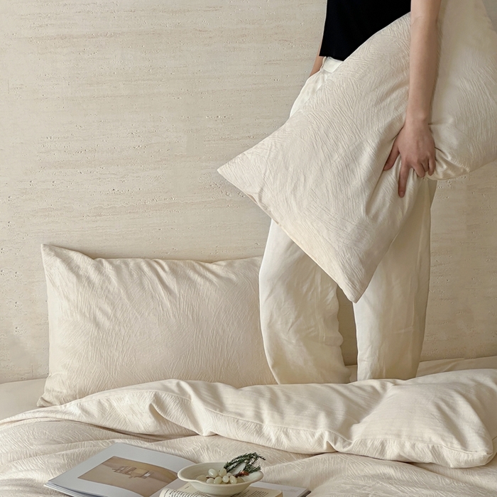 91家纺网 家纺一手货源 找家纺 梦享生活家居 2025新款全棉纯棉三层肌理提花四件套-素写系列（会员减10） 素写-奶油白