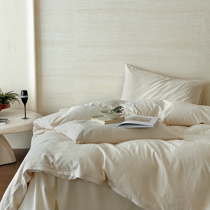 91家纺网 家纺一手货源 找家纺 梦享生活家居 2025新款全棉纯棉三层肌理提花四件套-素写系列（会员减10） 素写-奶油白