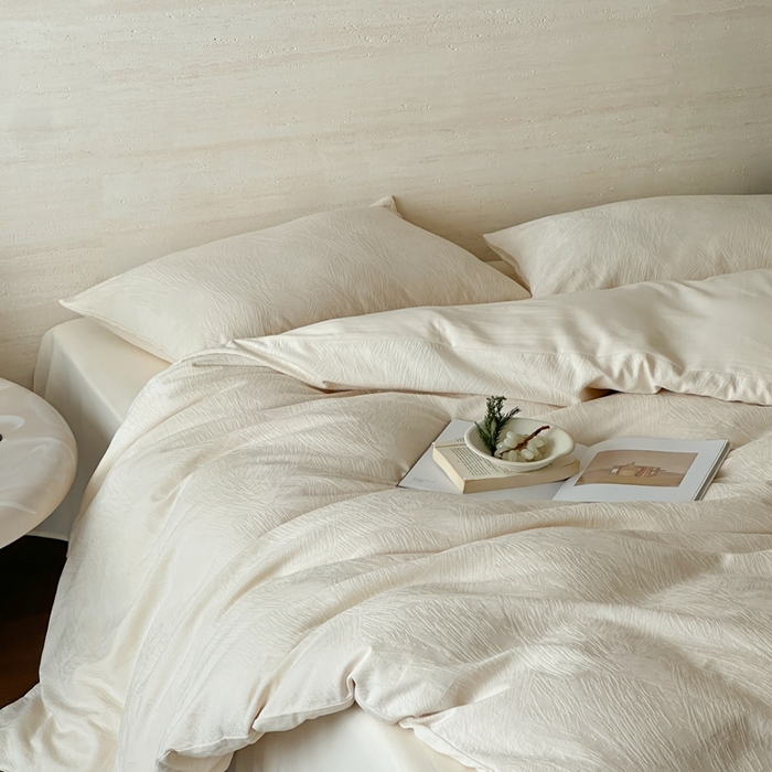 91家纺网 家纺一手货源 找家纺 梦享生活家居 2025新款全棉纯棉三层肌理提花四件套-素写系列（会员减10） 素写-奶油白