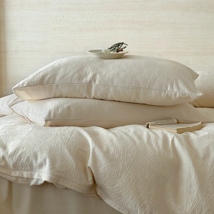 91家纺网 家纺一手货源 找家纺 梦享生活家居 2025新款全棉纯棉三层肌理提花四件套-素写系列（会员减10） 素写-奶油白