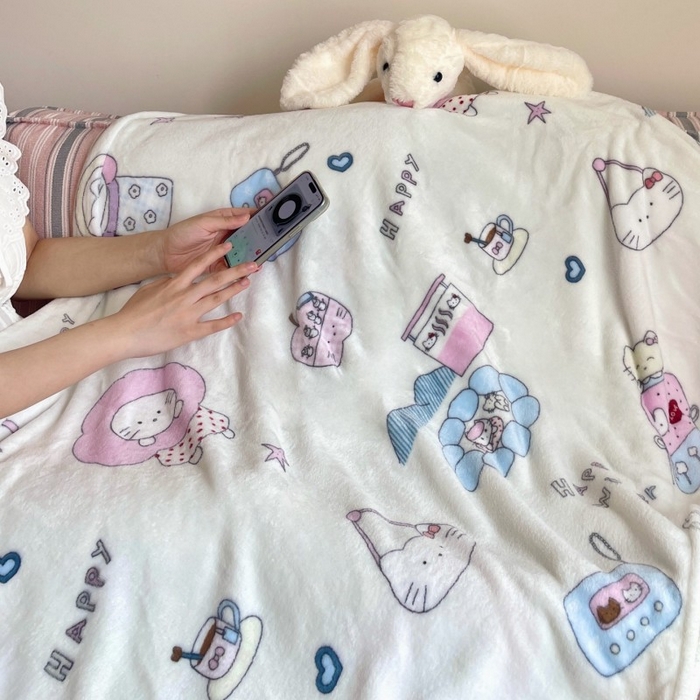 91家纺网 家纺一手货源 找家纺 顾里家纺 2025新款ins少女奶油治愈双面牛奶绒毯 花花喵喵