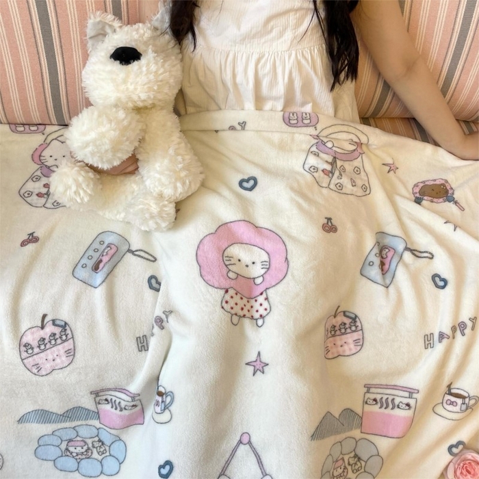 91家纺网 家纺一手货源 找家纺 顾里家纺 2025新款ins少女奶油治愈双面牛奶绒毯 花花喵喵