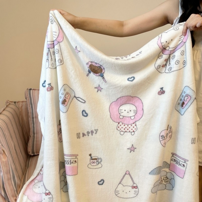 91家纺网 家纺一手货源 找家纺 顾里家纺 2025新款ins少女奶油治愈双面牛奶绒毯 花花喵喵