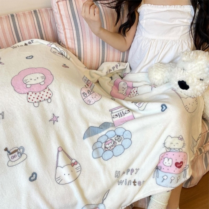 91家纺网 家纺一手货源 找家纺 顾里家纺 2025新款ins少女奶油治愈双面牛奶绒毯 花花喵喵