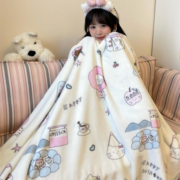 91家纺网 家纺一手货源 找家纺 顾里家纺 2025新款ins少女奶油治愈双面牛奶绒毯 花花喵喵