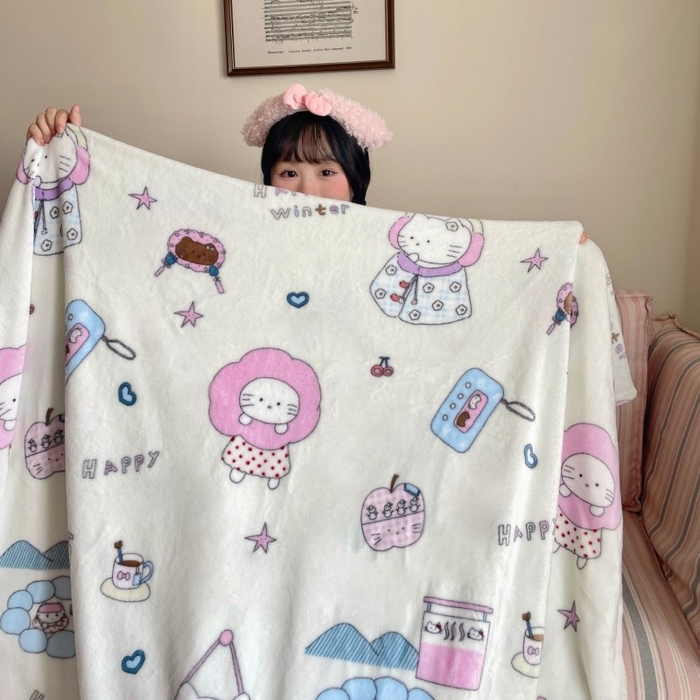 91家纺网 家纺一手货源 找家纺 顾里家纺 2025新款ins少女奶油治愈双面牛奶绒毯 花花喵喵