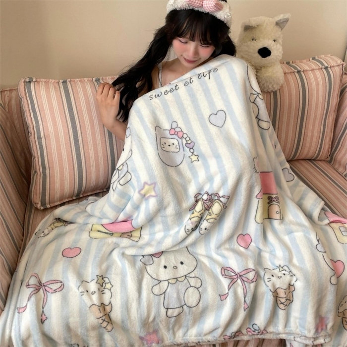 91家纺网 家纺一手货源 找家纺 顾里家纺 2025新款ins少女奶油治愈双面牛奶绒毯 漫画猫咪