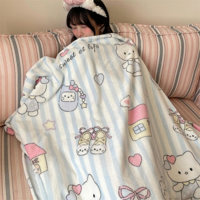 91家纺网 家纺一手货源 找家纺 顾里家纺 2025新款ins少女奶油治愈双面牛奶绒毯 漫画猫咪