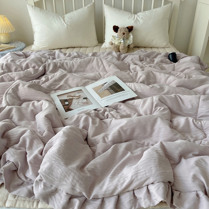 91家纺网 家纺一手货源 找家纺 顾里家纺 2025春夏新款韩系花边皱皱纱夏被夏凉被空调被 淡雾紫