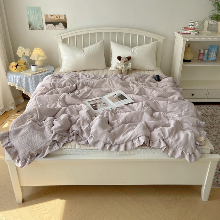 91家纺网 家纺一手货源 找家纺 顾里家纺 2025春夏新款韩系花边皱皱纱夏被夏凉被空调被 淡雾紫