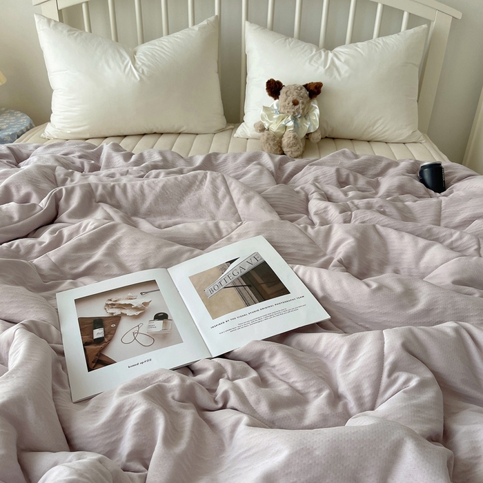 91家纺网 家纺一手货源 找家纺 顾里家纺 2025春夏新款韩系花边皱皱纱夏被夏凉被空调被 淡雾紫