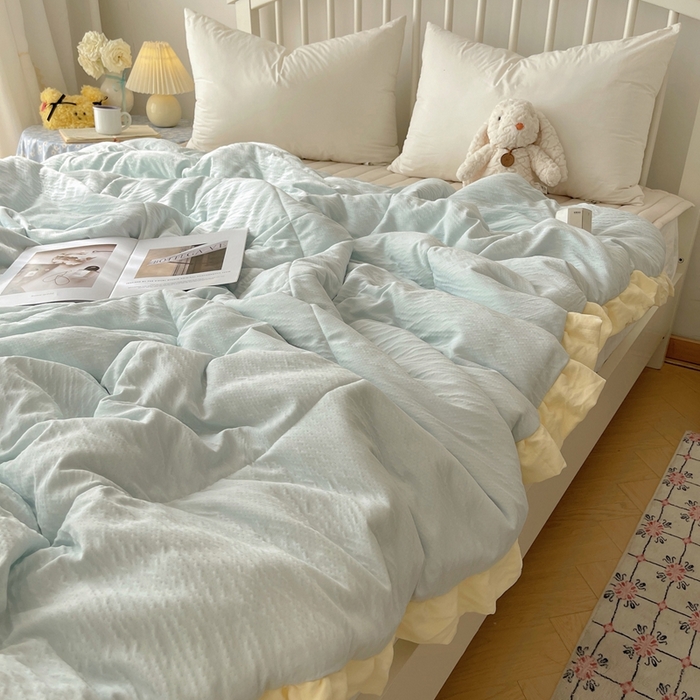 91家纺网 家纺一手货源 找家纺 顾里家纺 2025春夏新款韩系花边皱皱纱夏被夏凉被空调被 海盐泡泡