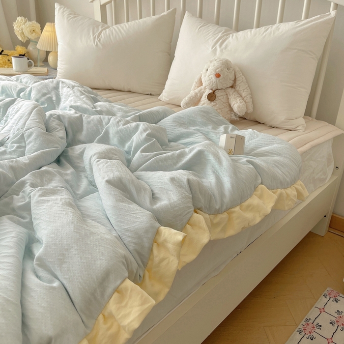 91家纺网 家纺一手货源 找家纺 顾里家纺 2025春夏新款韩系花边皱皱纱夏被夏凉被空调被 海盐泡泡