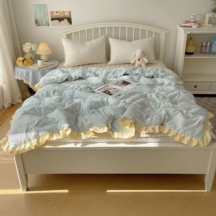 91家纺网 家纺一手货源 找家纺 顾里家纺 2025春夏新款韩系花边皱皱纱夏被夏凉被空调被 海盐泡泡