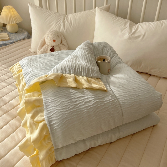 91家纺网 家纺一手货源 找家纺 顾里家纺 2025春夏新款韩系花边皱皱纱夏被夏凉被空调被 海盐泡泡