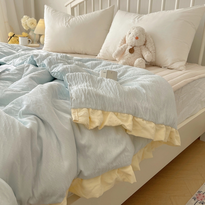 91家纺网 家纺一手货源 找家纺 顾里家纺 2025春夏新款韩系花边皱皱纱夏被夏凉被空调被 海盐泡泡