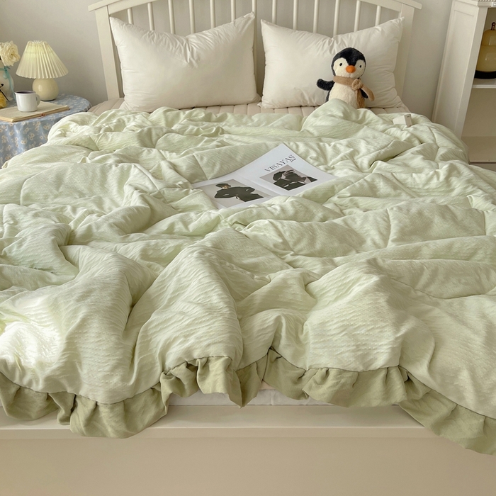 91家纺网 家纺一手货源 找家纺 顾里家纺 2025春夏新款韩系花边皱皱纱夏被夏凉被空调被 抹茶冰乐