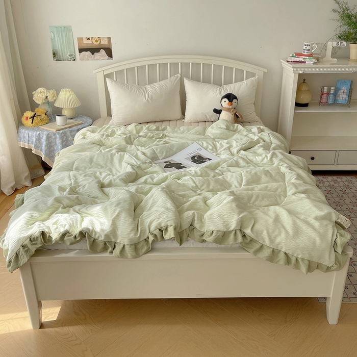 91家纺网 家纺一手货源 找家纺 顾里家纺 2025春夏新款韩系花边皱皱纱夏被夏凉被空调被 抹茶冰乐