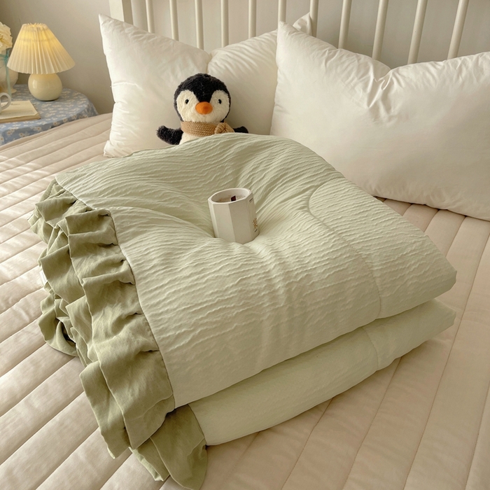 91家纺网 家纺一手货源 找家纺 顾里家纺 2025春夏新款韩系花边皱皱纱夏被夏凉被空调被 抹茶冰乐