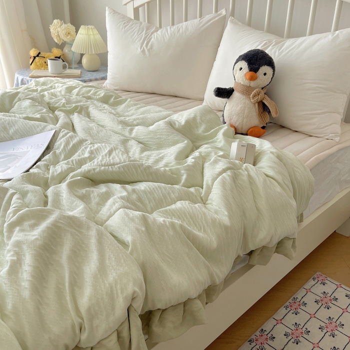 91家纺网 家纺一手货源 找家纺 顾里家纺 2025春夏新款韩系花边皱皱纱夏被夏凉被空调被 抹茶冰乐