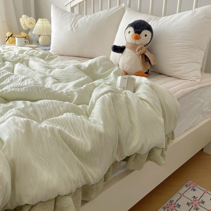 91家纺网 家纺一手货源 找家纺 顾里家纺 2025春夏新款韩系花边皱皱纱夏被夏凉被空调被 抹茶冰乐