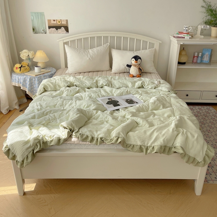 91家纺网 家纺一手货源 找家纺 顾里家纺 2025春夏新款韩系花边皱皱纱夏被夏凉被空调被 抹茶冰乐