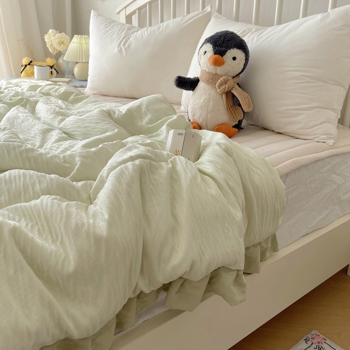 91家纺网 家纺一手货源 找家纺 顾里家纺 2025春夏新款韩系花边皱皱纱夏被夏凉被空调被 抹茶冰乐