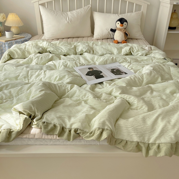 91家纺网 家纺一手货源 找家纺 顾里家纺 2025春夏新款韩系花边皱皱纱夏被夏凉被空调被 抹茶冰乐