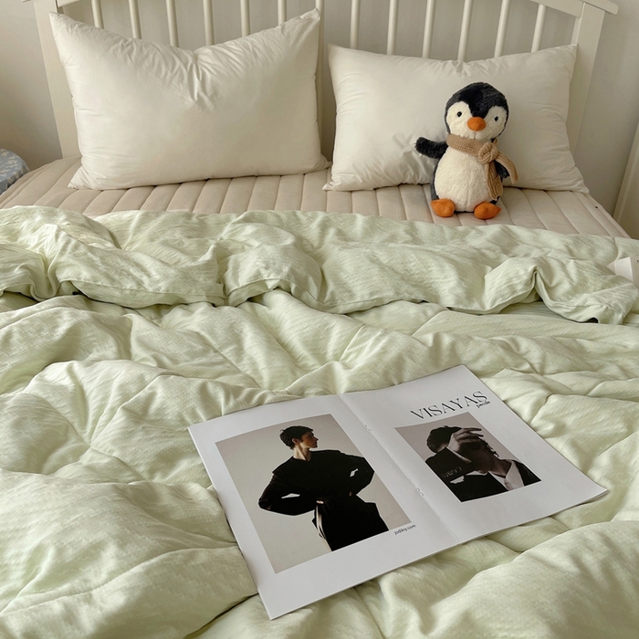 91家纺网 家纺一手货源 找家纺 顾里家纺 2025春夏新款韩系花边皱皱纱夏被夏凉被空调被 抹茶冰乐