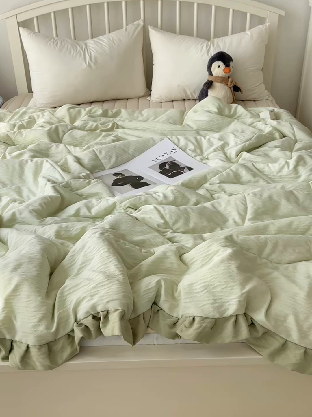 91家纺网 家纺一手货源 找家纺 顾里家纺 2025春夏新款韩系花边皱皱纱夏被夏凉被空调被 抹茶冰乐