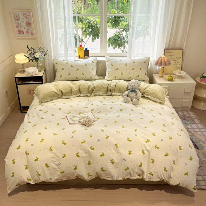 91家纺网 家纺一手货源 找家纺 王朝国际 2026爆款皱皱双层纱四件套布丁兔