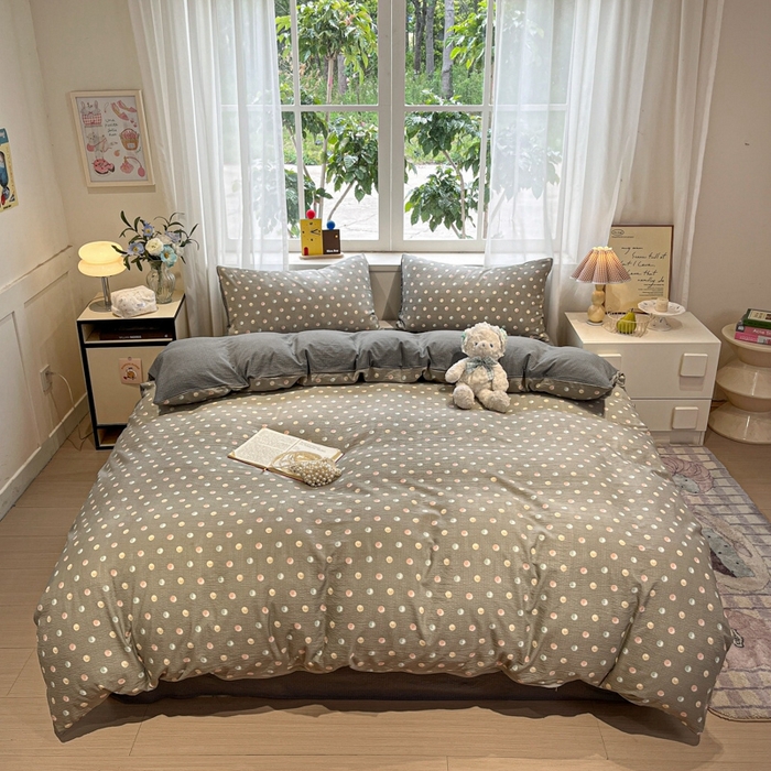 91家纺网 家纺一手货源 找家纺 王朝国际 2026爆款皱皱双层纱四件套彩色波点