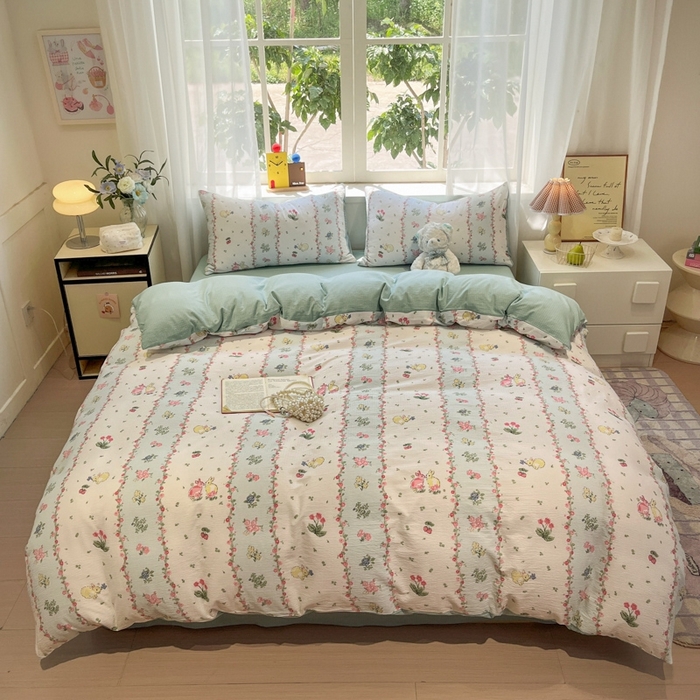 91家纺网 家纺一手货源 找家纺 王朝国际 2026爆款皱皱双层纱四件套草莓兔