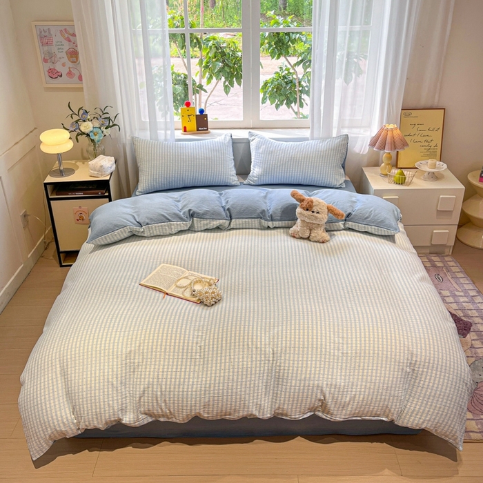 91家纺网 家纺一手货源 找家纺 王朝国际 2026爆款皱皱双层纱四件套海盐甜心