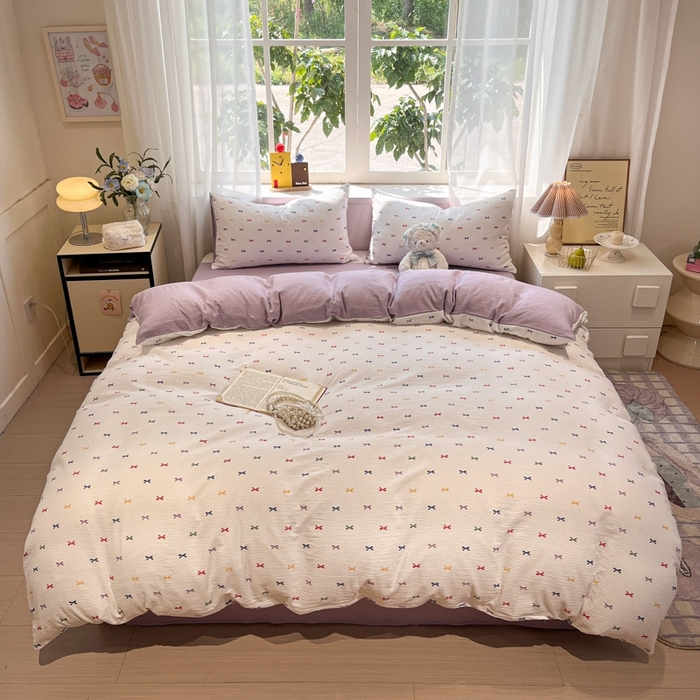 91家纺网 家纺一手货源 找家纺 王朝国际 2026爆款皱皱双层纱四件套蝴蝶结