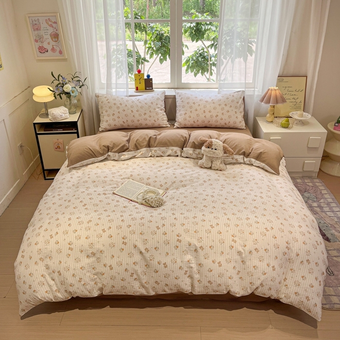 91家纺网 家纺一手货源 找家纺 王朝国际 2026爆款皱皱双层纱四件套咖啡熊