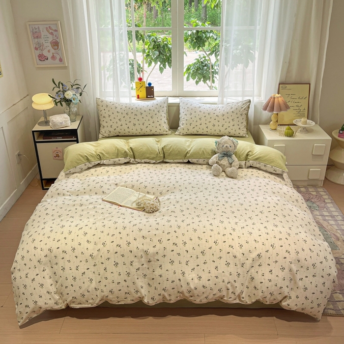 91家纺网 家纺一手货源 找家纺 王朝国际 2026爆款皱皱双层纱四件套蓝莓可可