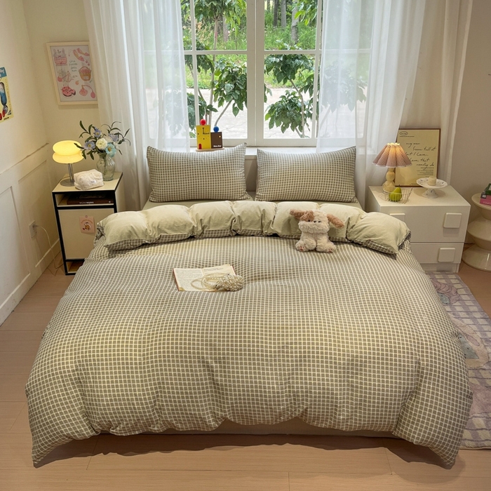 91家纺网 家纺一手货源 找家纺 王朝国际 2026爆款皱皱双层纱四件套素雅格