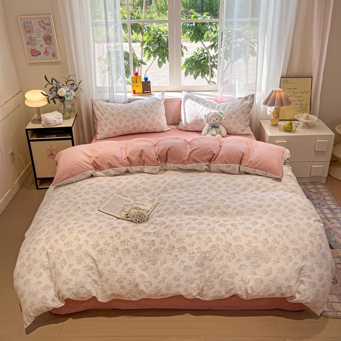 91家纺网 家纺一手货源 找家纺 王朝国际 2026爆款皱皱双层纱四件套玉海棠