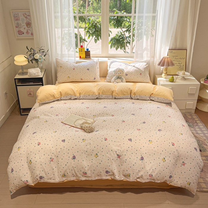 91家纺网 家纺一手货源 找家纺 王朝国际 2026爆款皱皱双层纱四件套芝士莓莓