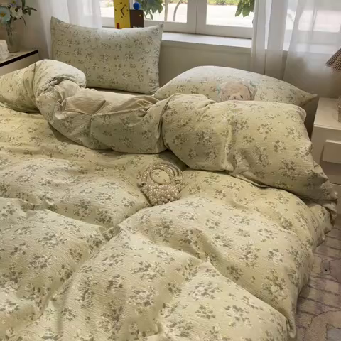 91家纺网 家纺一手货源 找家纺 王朝国际 2026爆款皱皱双层纱四件套白月光