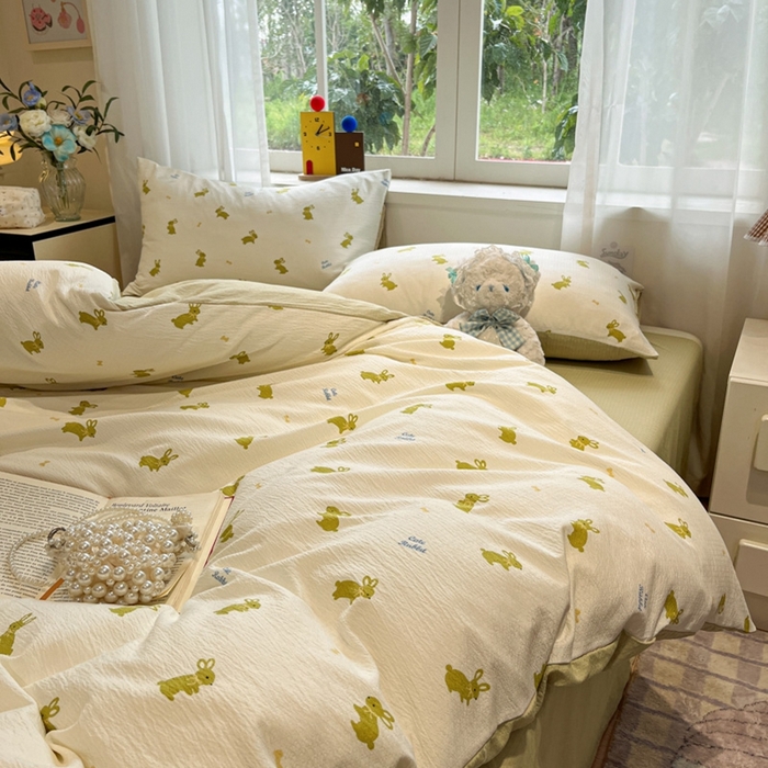 91家纺网 家纺一手货源 找家纺 王朝国际 2026爆款皱皱双层纱四件套布丁兔