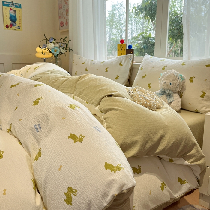 91家纺网 家纺一手货源 找家纺 王朝国际 2026爆款皱皱双层纱四件套布丁兔