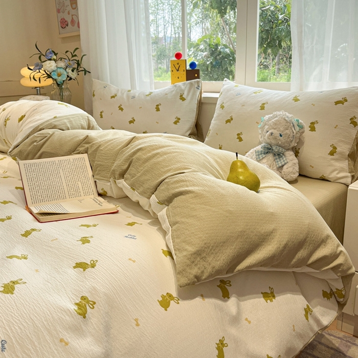 91家纺网 家纺一手货源 找家纺 王朝国际 2026爆款皱皱双层纱四件套布丁兔