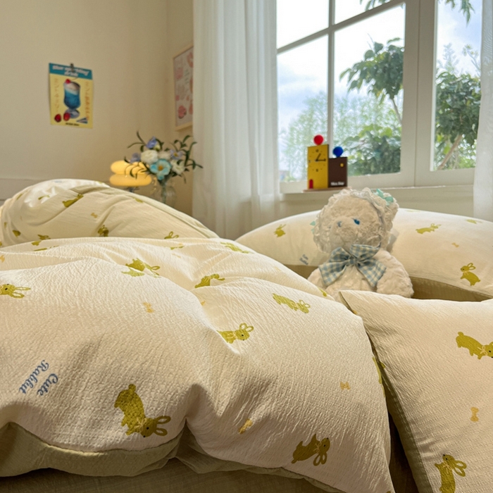 91家纺网 家纺一手货源 找家纺 王朝国际 2026爆款皱皱双层纱四件套布丁兔