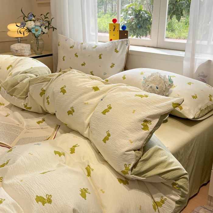 91家纺网 家纺一手货源 找家纺 王朝国际 2026爆款皱皱双层纱四件套布丁兔