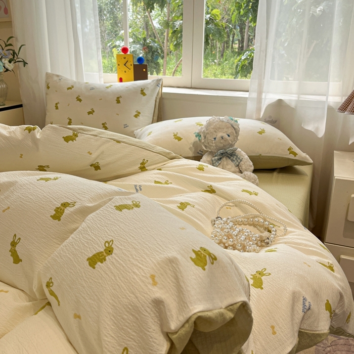 91家纺网 家纺一手货源 找家纺 王朝国际 2026爆款皱皱双层纱四件套布丁兔