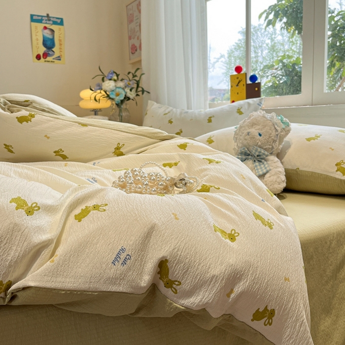 91家纺网 家纺一手货源 找家纺 王朝国际 2026爆款皱皱双层纱四件套布丁兔